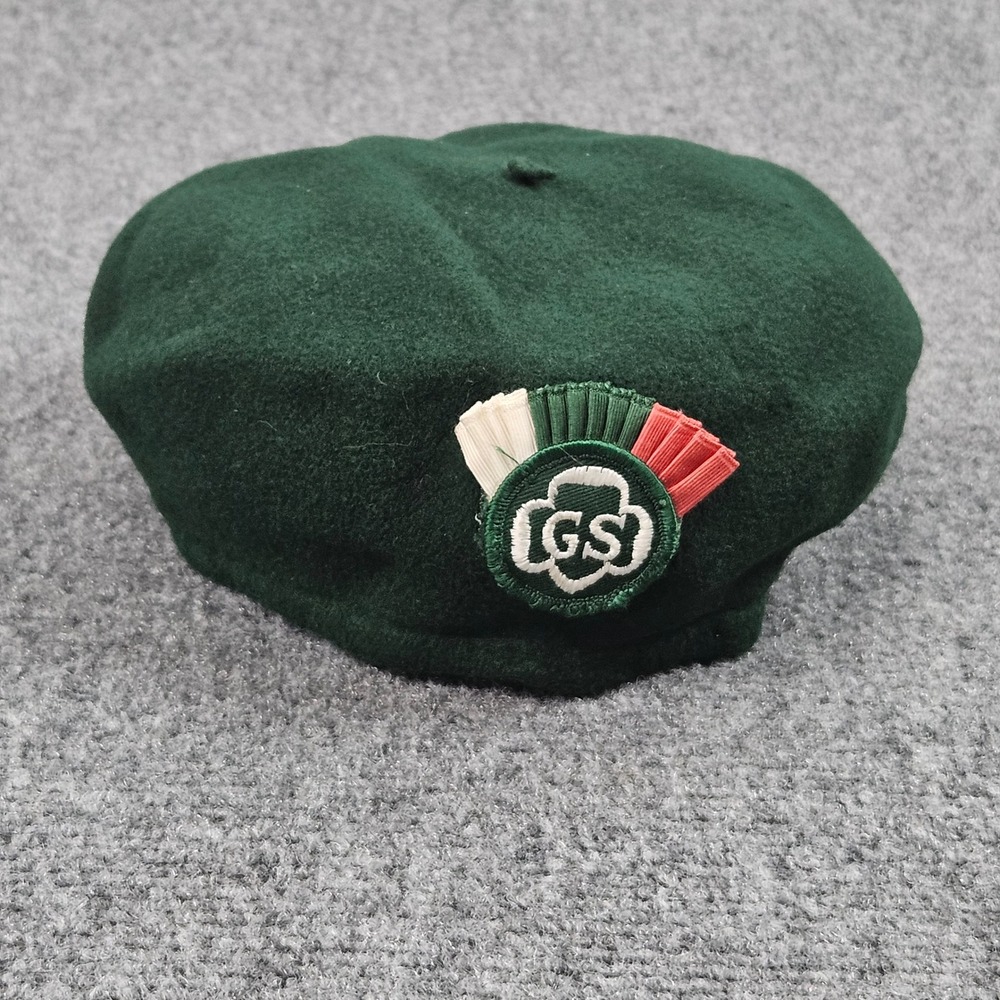 Vintage Girl Scouts Beret One Size Green Wool Logo Badge Classic 60s Retro GSUSA